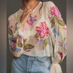 Anthropologie Applique Mesh Top Sz XL